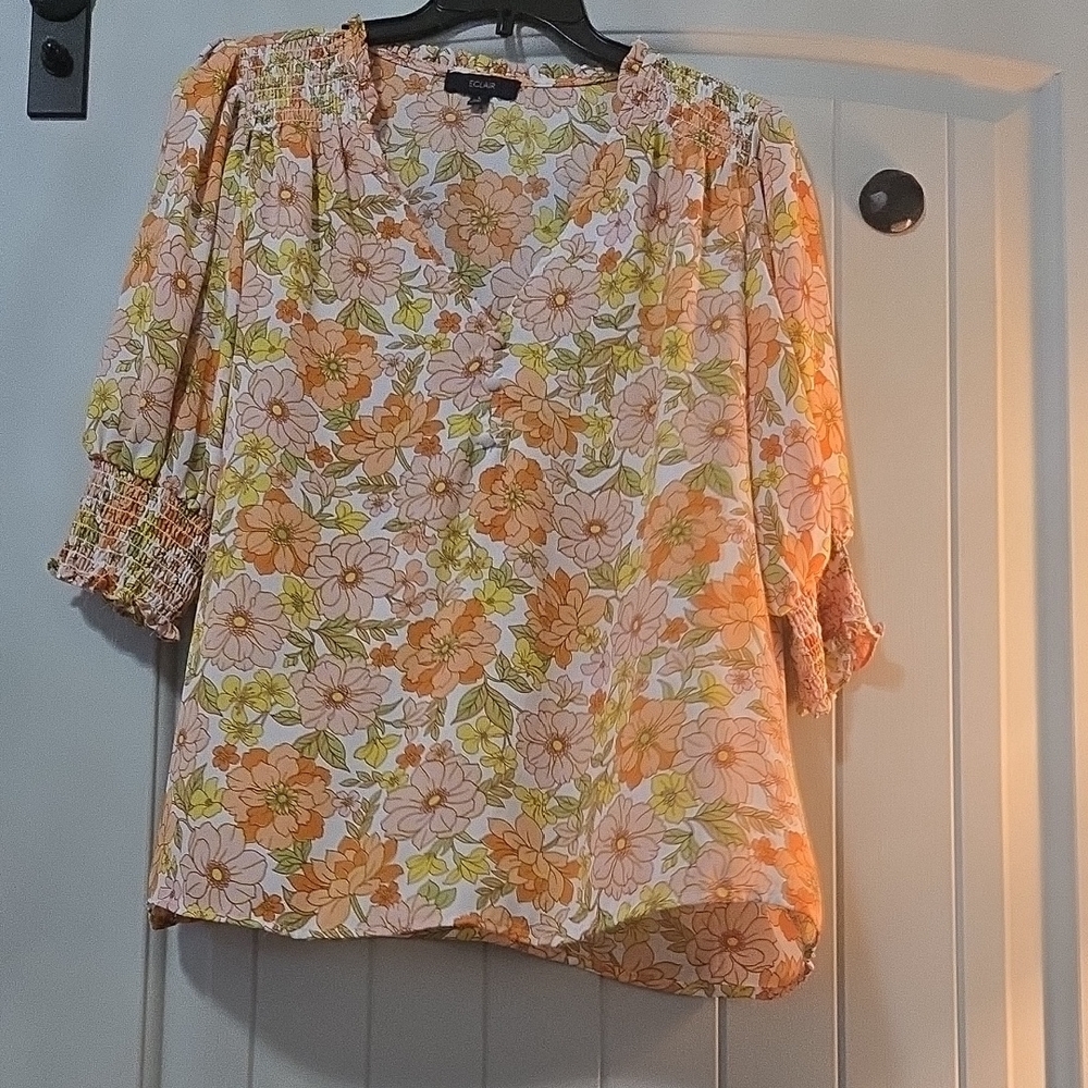 Ruffled Orange and Yellow Blouse with Relaxed Fit